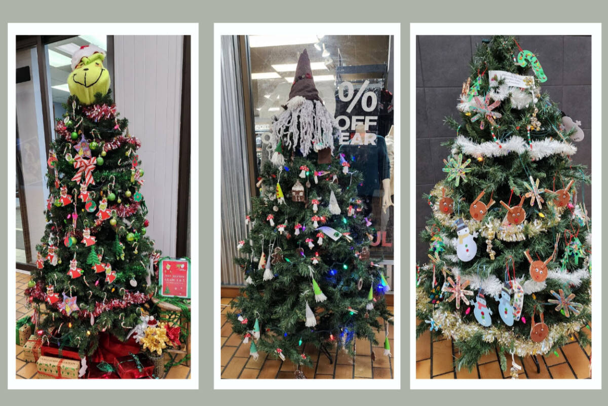 From left to right: First place tree from Pineridge elementary, second place tree from Annunciation school, and third place tree from Discovery daycare.